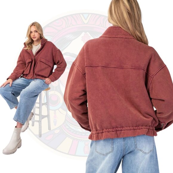 EASEL 726B Washed Zip Up Bomber Jacket Rust Burgundy - Picture 2 of 2